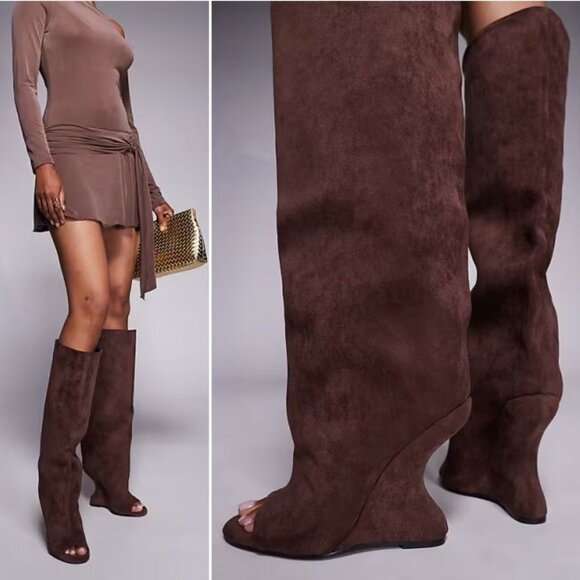 AZALEA WANG Vincent Knee High Open Toe Boots 6.5 Wedge Heel Brown Suede NEW - Picture 14 of 14